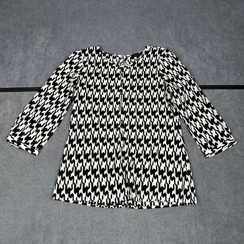 The Limited Black White Geometric Print 3/4 Sleeve Blouse XS Houndstooth Top Y2k